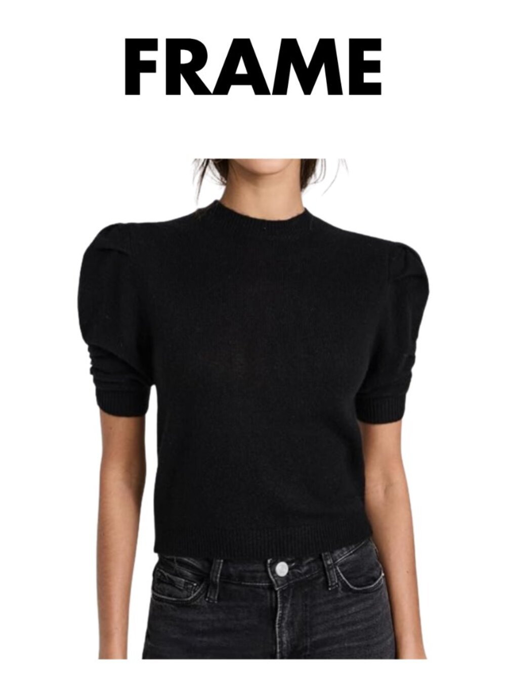 FRAME Cashmere Ruched Puff Sleeve Sweater Black Size XS